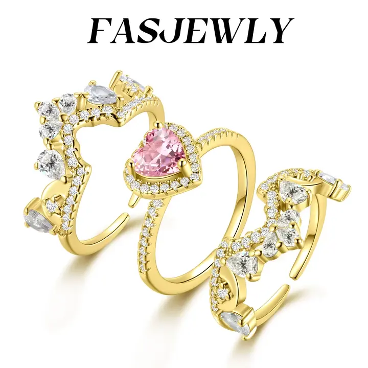 Fasjewly Women's Whimsical Luxury Pink Heart Crown Stacking Ring Set, Princess Cut Cubic Zirconia, Adjustable Open Band, US Sizes 5-10, Rings For Women, Statement Ring, Stunning Ring Set