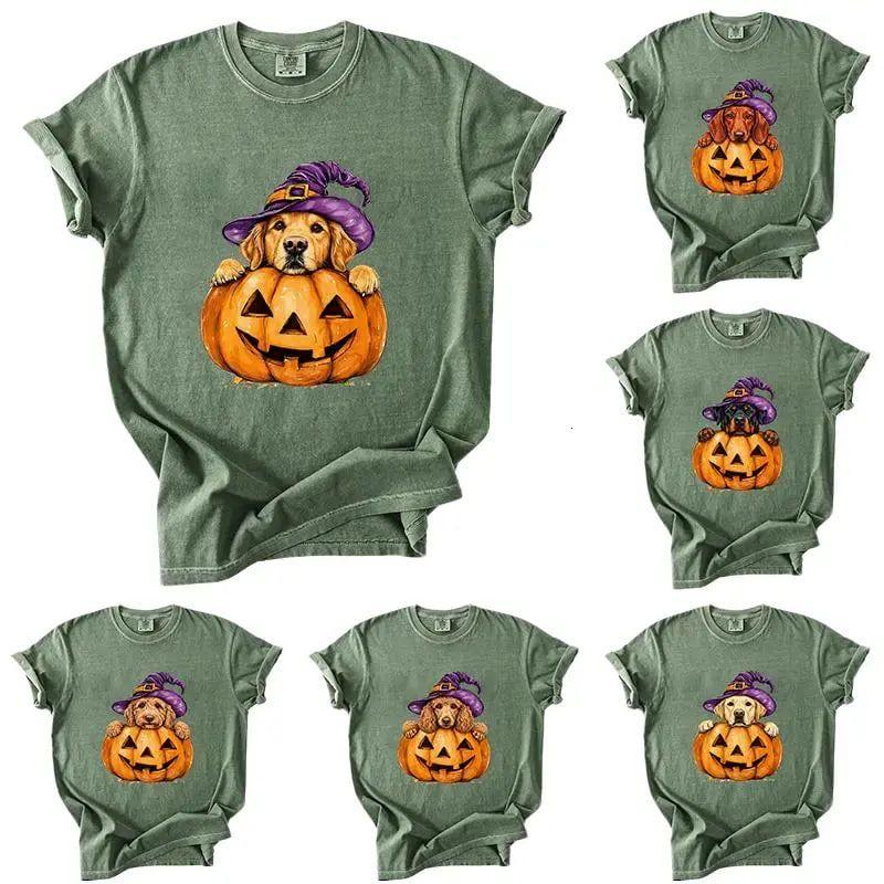 Custom Dog Lover Halloween Tee, Personalized Pumpkin Puppy Shirt, Retro Comfort Colors Pet Portrait T-Shirt, Witch Hat Dog Graphic, Fall Gift for Pet Parents