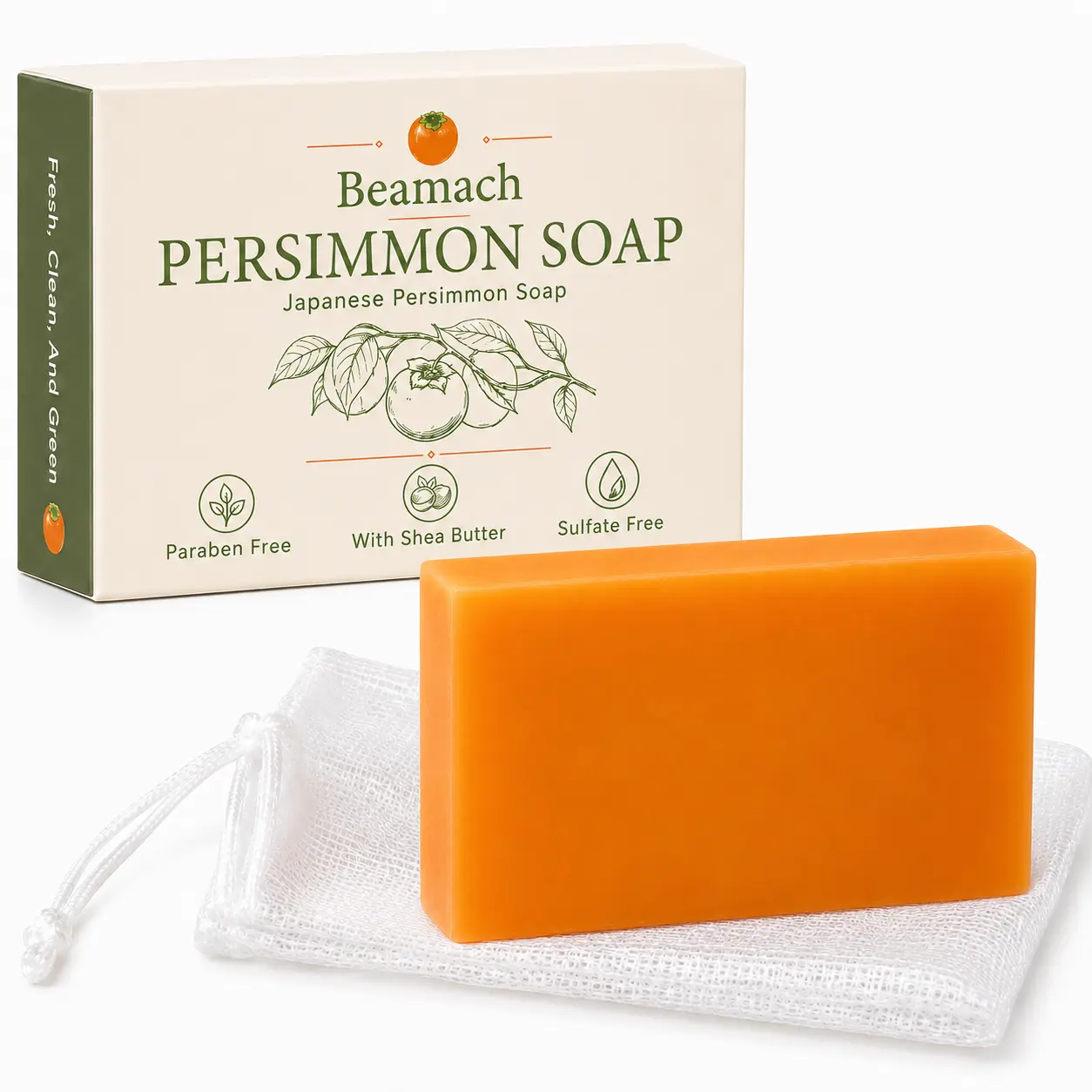 Persimmon Soap for Old People Smell - Japanese Persimmon & Green Tea Extract - Natural Deodorant Soap for Men & Women, Gentle on All Skin Types