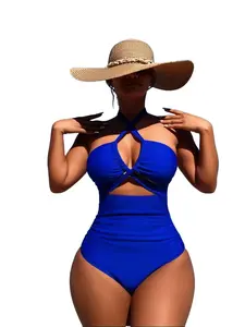 Women's 1-Piece Swimsuit - Sexy Criss-Cross Halter Cut-Out Monokini, High-Waisted Tummy Control Bathing Suit in Electric Blue, Royal Purple for Summer, One Piece Swimsuit