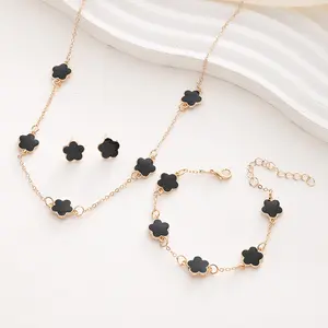 LUXJELWEL - Lucky Five-petal Flower Bracelet Earrings Necklace Three-piece set for Women New Stylish Accessories Wedding Party Jewelry Gift