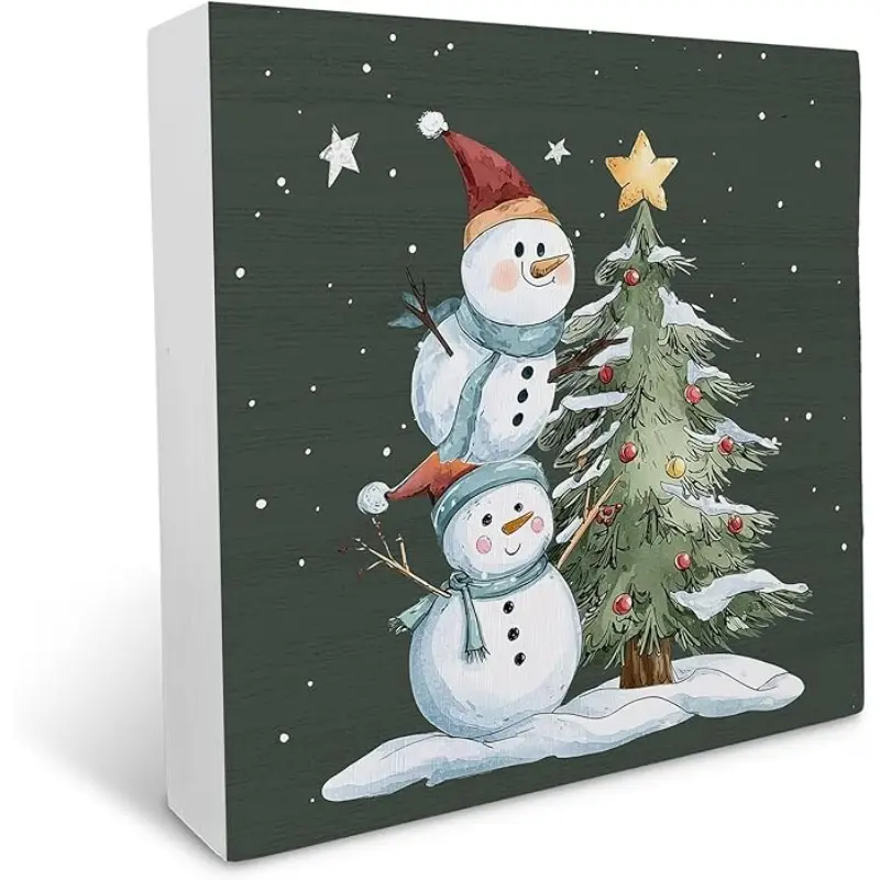 Christmas Snowman Wooden Box Sign, Winter Xmas Tree Snowman Wood Box Decorations for Home Bedroom Office, Winter Christmas Holiday Wooden Block Plaque Desk Shelf Decor 5x5 Inch