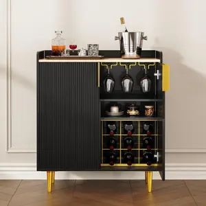 31.5" Black-Gold Fluted Bar Cabinet, Wine Rack & Glass Holder, Modern Sideboard with Drawer & Shelves for Living/Dining Room