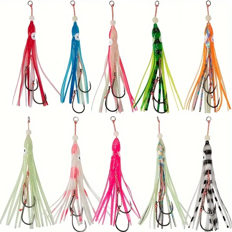 10pcs Glow-in-the-Dark Octopus Fishing Lures - Multi-Color Bionic Soft Bait with Squid Hooks for Deep Sea Boat Fishing, Night Glow Synthetic Rubber Baits in Orange, Green, Blue & Black