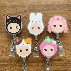 Kawaii Cosplay Baby Sparkly Retractable ID Badge Reel Cute Cat Bunny Strawberry Acrylic ID Holder Gift For Pediatric Nurse Teacher Doctor Nursing Student or Coworker
