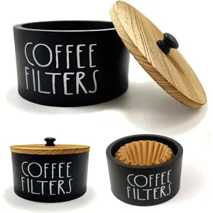 Wooden Coffee Filter Holder With Lid, Rustic Storage Container Dispenser Basket for Coffee Bar Decor, Farmhouse Accessories (Black)