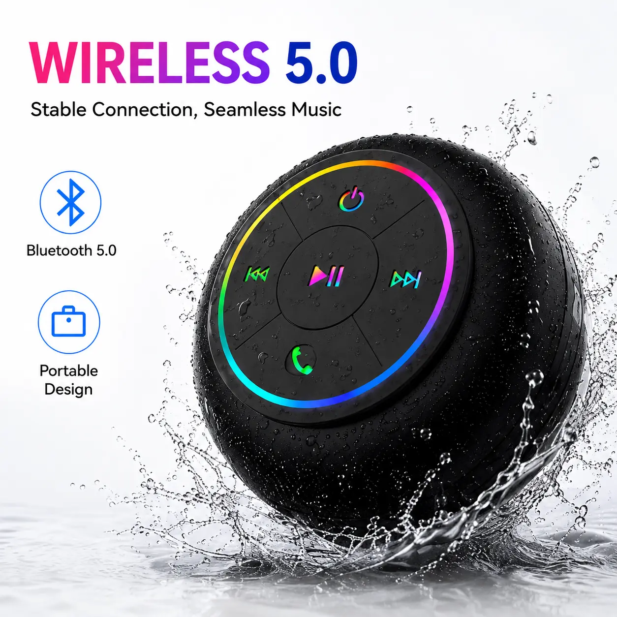 Water Phone Speaker Wireless Shower Speaker for Bathroom, Outdoor Camping Party Bluetooth Speaker with Colorful Lights