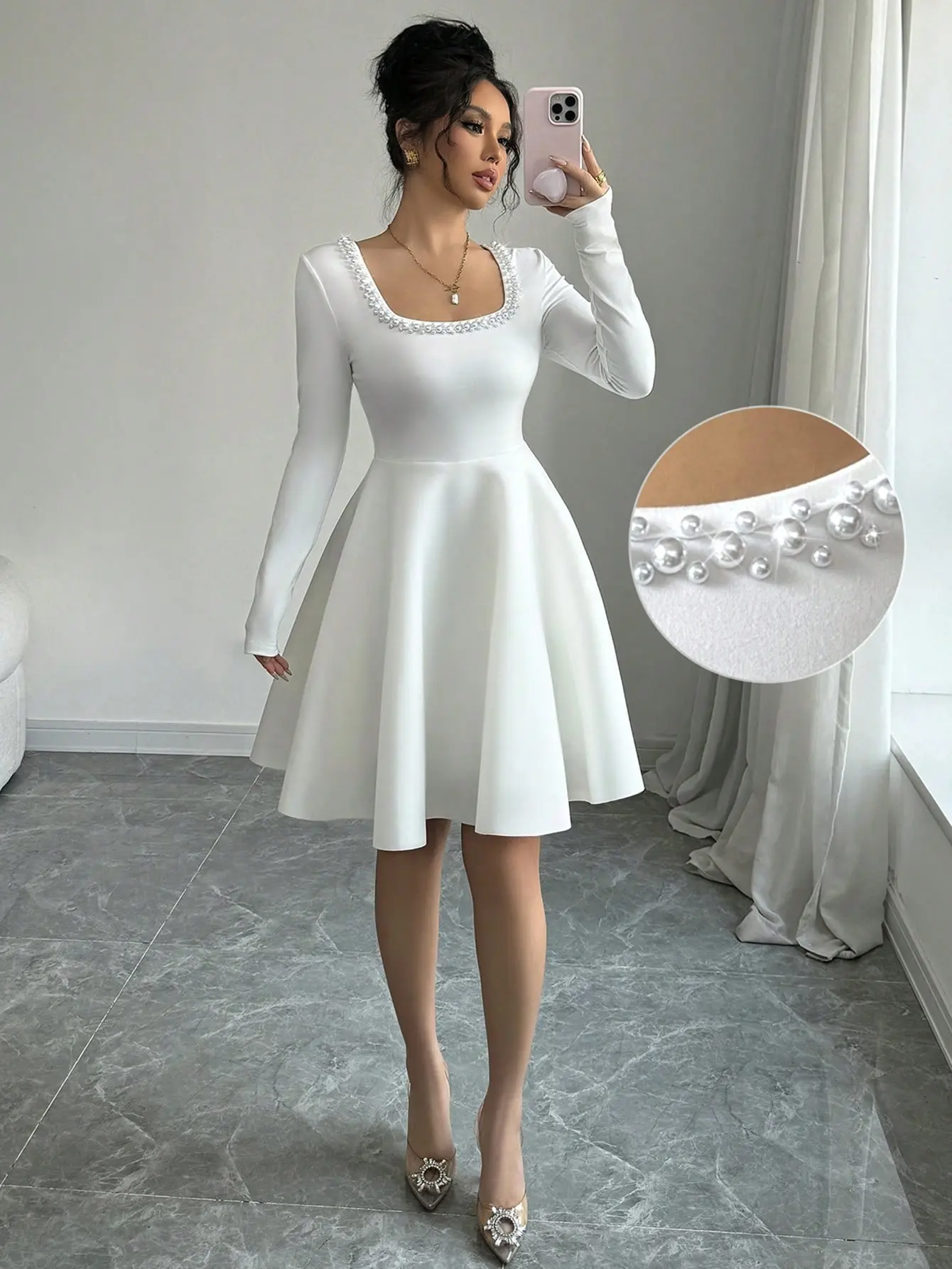 Women’s Pearl Decor Long Sleeve Holiday Dress – Elegant Autumn Winter Party Dress, Elastic Slim Fit Evening Outfit for Women