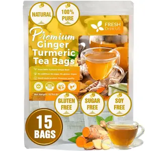 Premium 15 Turmeric Ginger Tea Bags, 100% Natural Ingredients, Hand-made Blend of Turmeric and Ginger, Eco-conscious Tea Bags. Turmeric Ginger Herbal Tea. No Sugar, No Caffeine, No Gluten, Vegan. tea blends