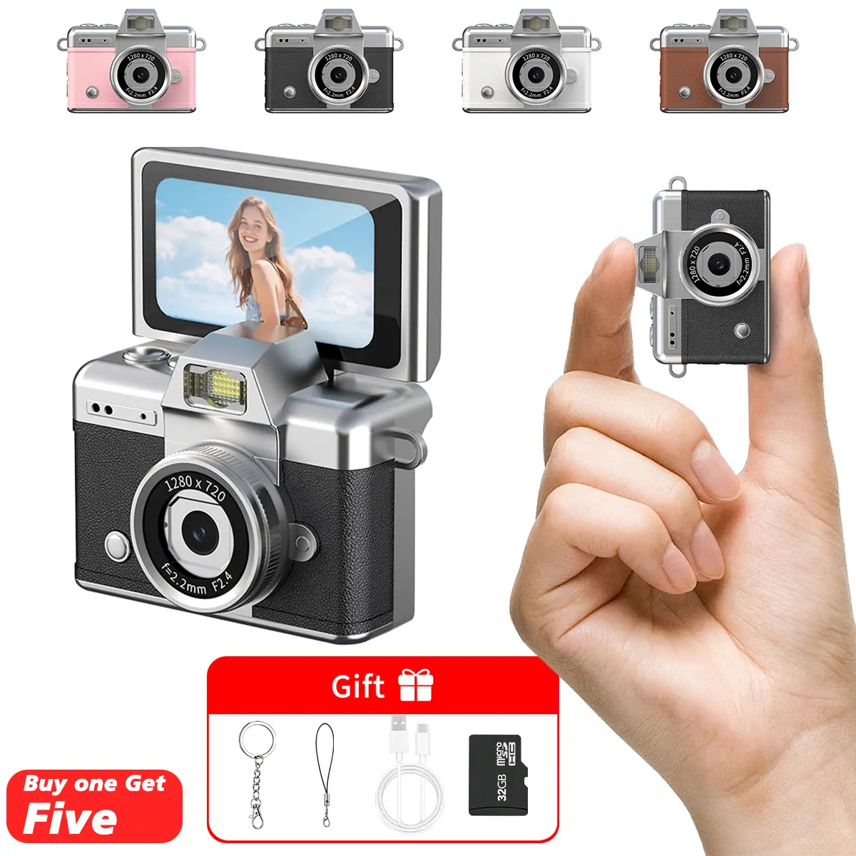Compact Chargeable Mini Keychain Digital Point & Shoot Camera - Pocket-Size, 720p Video, Flash, 0.96" Screen, 32G Card, Lanyard, Charging Cable, for Kids techvibes