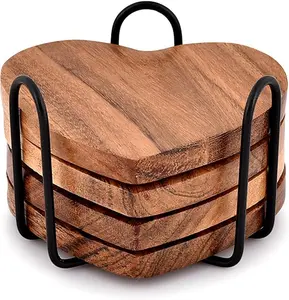 Wood Heart Shape Coaster Set of 4 with Iron Holder for Coffee Table Décor Housewarming Gift New Home Kitchen Décor