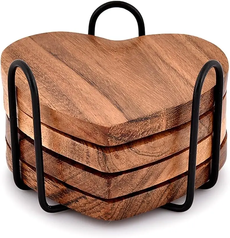 Wood Heart Shape Coaster Set of 4 with Iron Holder for Coffee Table Décor Housewarming Gift New Home Kitchen Décor