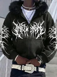 Men's Gothic Graphic Print Hooded Sweatshirt, Fitted Zipper Design, Warm Winter Fashion, Street Dance Gym Outdoor Casual Wear