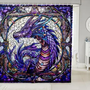 Feelyou Dragon Kids Shower Curtain - Western Gothic, Trippy Geometric, Abstract Patchwork Purple Boho Shower Curtains, Waterproof, Washable, for Boys, 12 Hooks Included