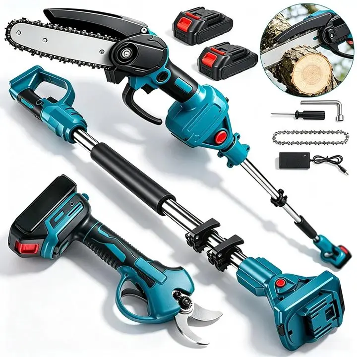 Cordless Pole Saw & Mini Chainsaw Garden Tools Set with 2 Batteries, Extension Pole, Garden Scissors for Tree Trimming, Limb Branch Cutter for Outdoor Use, Father's Day Gift