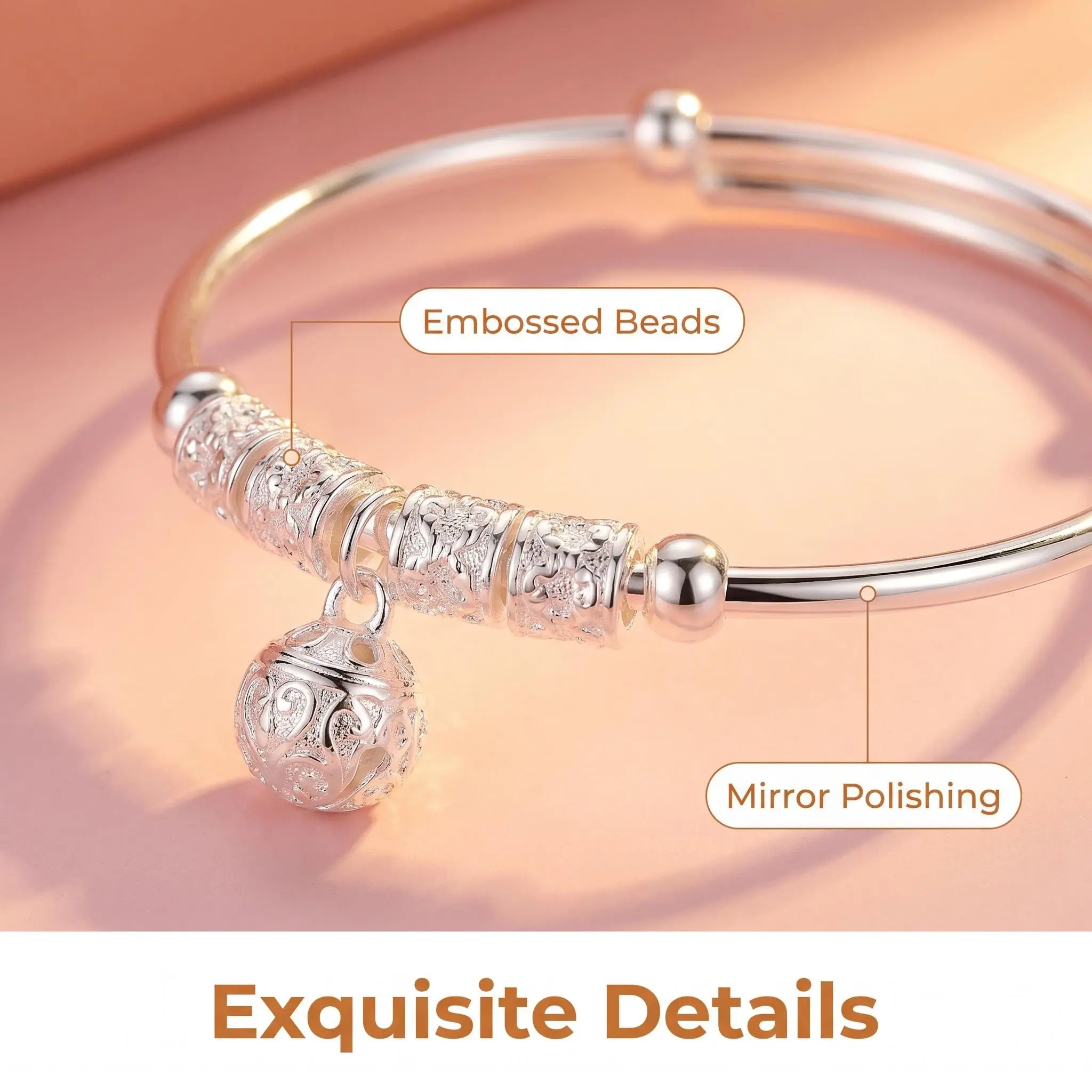 Women's Embossed Carved Bracelet with a Hollow Bell Charm - Adjustable Slide Fit, Mirror Polished Costume Jewelry, Carved Bracelets & Bangles