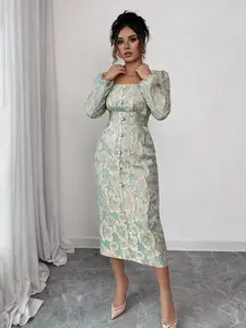 A mint green jacquard square neck long sleeved dress for women, Elegant, Chic, with jacquard craftsmanship that enhances texture and exquisite relief patterns. It is suitable for commuting to work, shopping and outdoor activities
