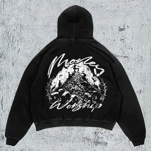 "Money Worship" Graphic Hoodie Anti-Consumerism Streetwear Oversized Vintage Washed Gothic Tribal Cross Unisex Y2K Grunge Style Heavyweight Fabric Dropped Shoulders Spacious Kangaroo Pocket