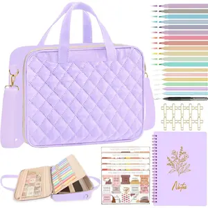 Women's Large Quilted Bible Cover Case Bag with Shoulder Strap and Handle, Bible Study Journaling Kit Supplies with No Bleed Highlighters Pens Tabs Notebook Cross Clips (Light Purple)