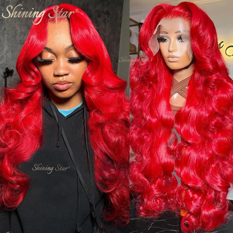 ShiningStar Red Body Wave 13X1 HD Transparent Lace Front Human Hair Wigs for Women Colored Brazilian Deep Part Wig 28INCH