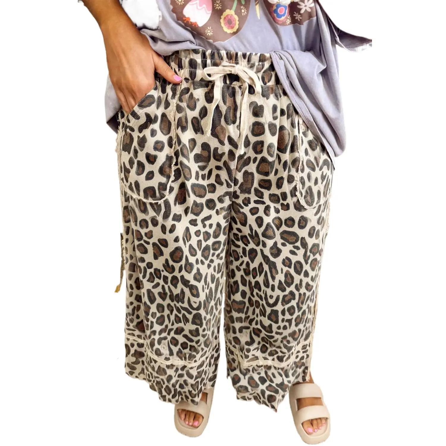 Lady's Khaki Leopard Print Wide Leg Bottoms - Adjustable, Comfortable Women's Drawstring Pants for Everyday, Daily Wear