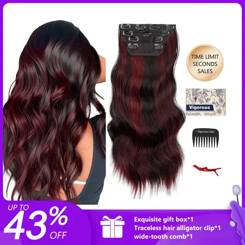 Vigorous Female Clip-in Synthetic Hair Extensions - 4PCS/6PCS Easy-to-Install Double Weft Wavy Thick Long DIY Hairpieces, Natural Fluffy Synthetic Hair for Natural-Looking Styles