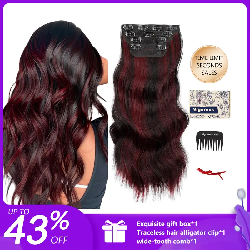 Vigorous Female Clip-in Synthetic Hair Extensions - 4PCS/6PCS Easy-to-Install Double Weft Wavy Thick Long DIY Hairpieces, Natural Fluffy Synthetic Hair for Natural-Looking Styles