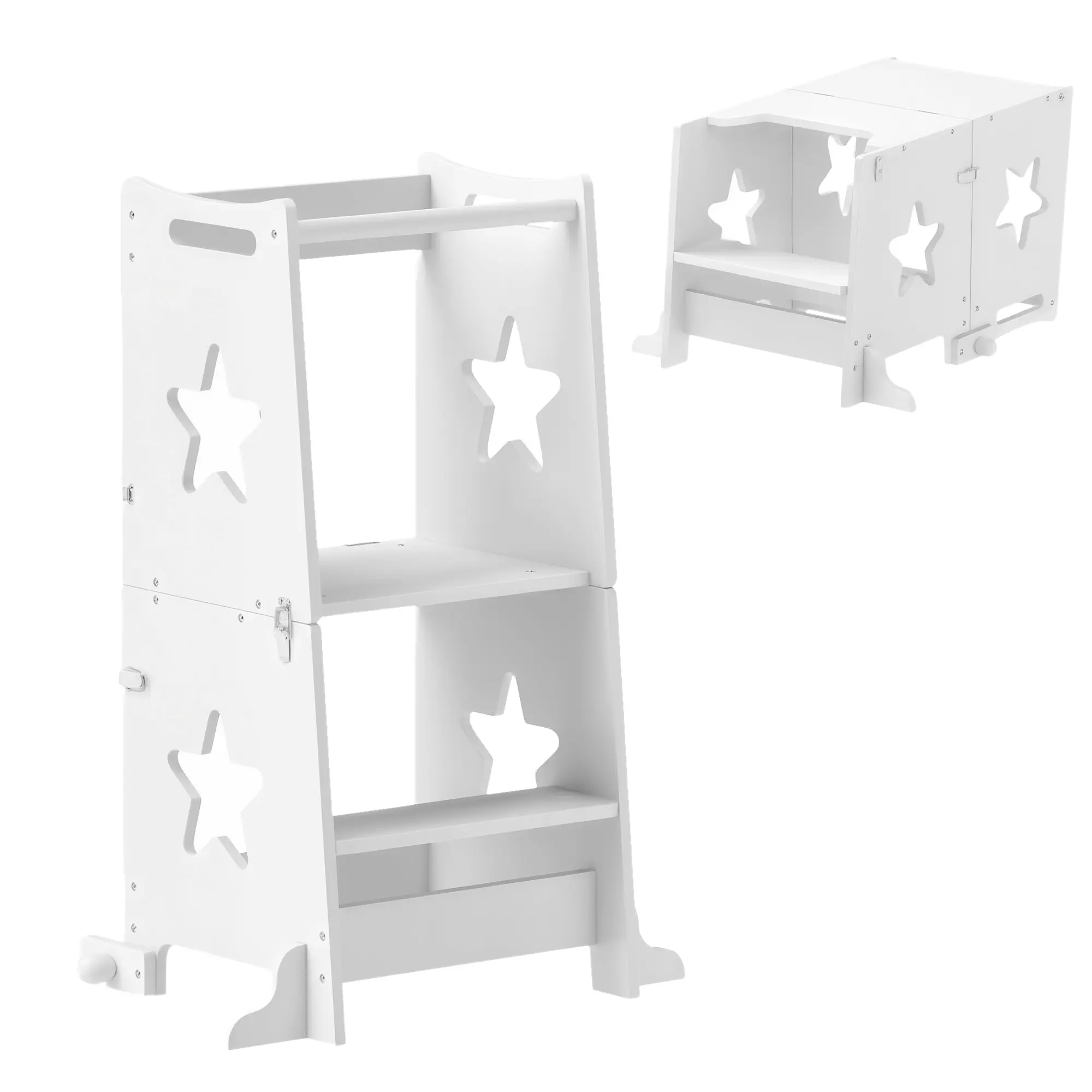 2-in-1 StepTower with Safety Rail – Converts from Step Stool to Table & Chair Set. CPSIA & ASTM F963 Compliant. Sturdy Pinewood & MDF. Multi-Use for Kitchen, Bathroom & Bedside. Holds 66 lbs. White