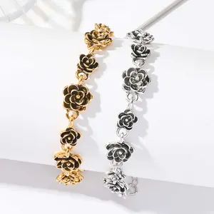 Distressed Rose & Camellia Flower Adjustable Cuff Bracelet - Golden/Silver Artificial Gemstone Jewelry, Ideal Jewelry Gifts for Enthusiasts, Daily Wear Accessory