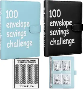 2PCS 100 Envelopes Money Saving Challenge, Envelopes Challenge Binder, Achieving Financial Goals with a Budget Binder and Cash Envelopes, Successfully Reach Your Savings Goals of $5,050 (Blue+Black)