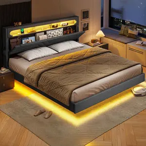 SIKAIC Queen Bed Frame, Floating Platform Bed with LED Lighted Storage Headboard, Upholstered Linen Bed Frame for Bedroom, Dark Grey