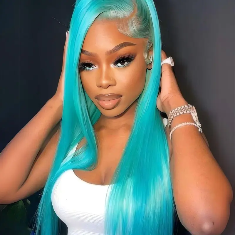 【Black Friday】Mint Green 28-Inch Smooth Straight Synthetic Lace-Front Wig with HD Lace and Pre-Parted Style, Fashionable for All Seasons