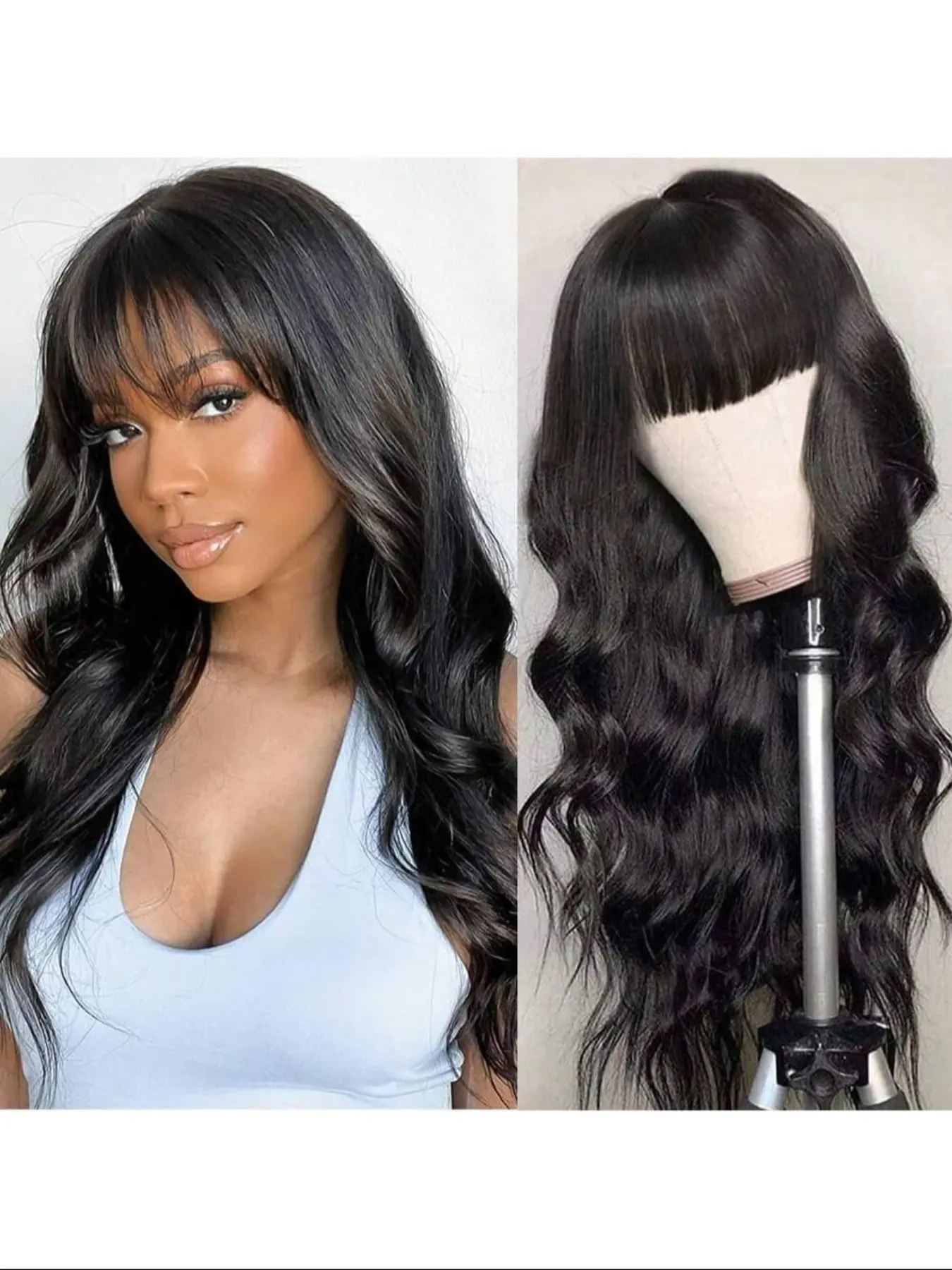 Human Hair Body Wave Wig with Bangs - 180% Density Glueless 