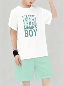 2-Piece Set with Trendy Letter Print Shorts, Perfect for Outdoor Summer Wear Under 12 Years, Fitted Casual Style for All Seasons