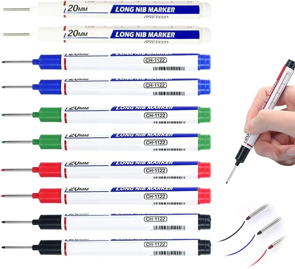 10 Pack Deep Hole Marker Pens Long Reach Permanent Marker Set Waterproof Fine Tip Carpenter Markers Quick Dry Ink Construction Marking Tools for Woodworking Metal DIY Projects