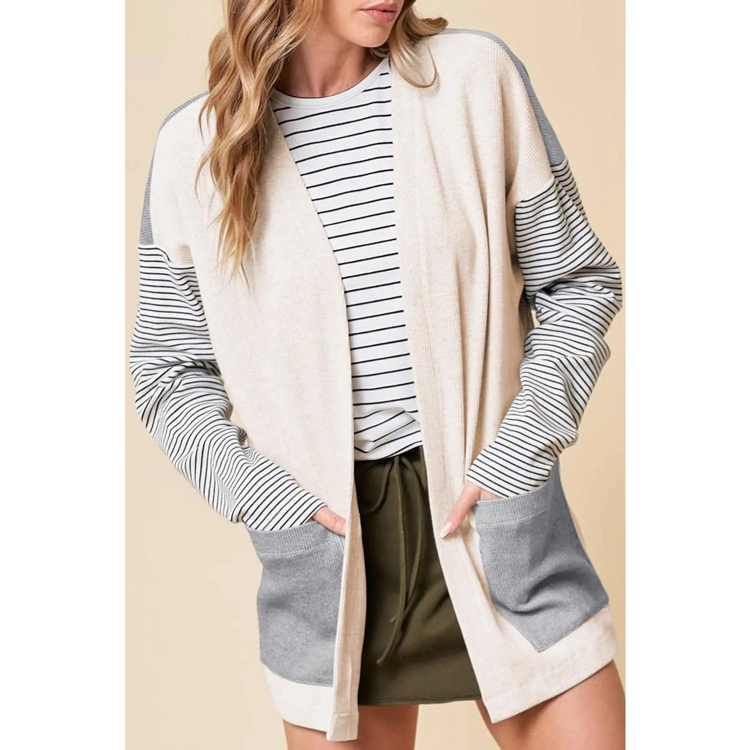 Black Stripe Colorblock Patchwork Open Front Cardigan with Pocket