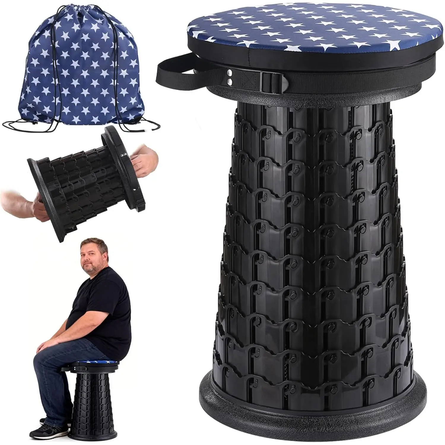 2026 Upgraded XXL Collapsible Retractable Telescoping Stool with Cushion & Bag, 1000lbs Capacity, 21in Tall 13in Wide for Adults, Ideal for Camping Fishing Concert Event Stadium