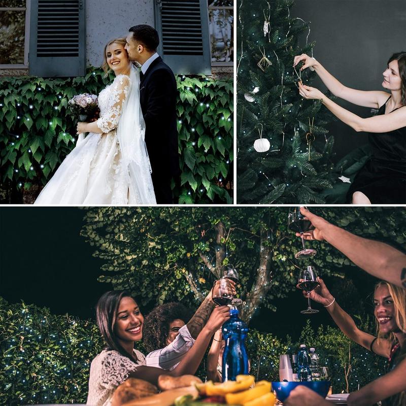 Solar-powered decorative string lights: The warm light version contains 200 LEDs, while the white light version contains 300 LEDs. They support 8 different flashing effects, making them perfect for decorating Christmas scenes, as well as for embellishing Solar-powered decorative string lights: The warm light version contains 200 LEDs, while the white light version contains 300 LEDs. They support 8 different flashing effects, making them perfect for decorating Christmas scenes, as well as for embellishing