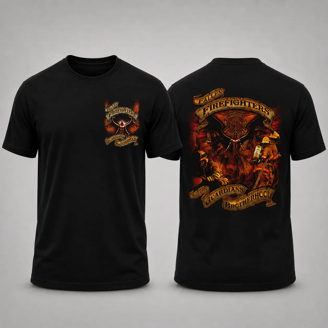 Men’s Fallen Firefighters Memorial Short-Sleeve Graphic T-Shirt, Guardians of the Brotherhood Fire Rescue Tribute Tee