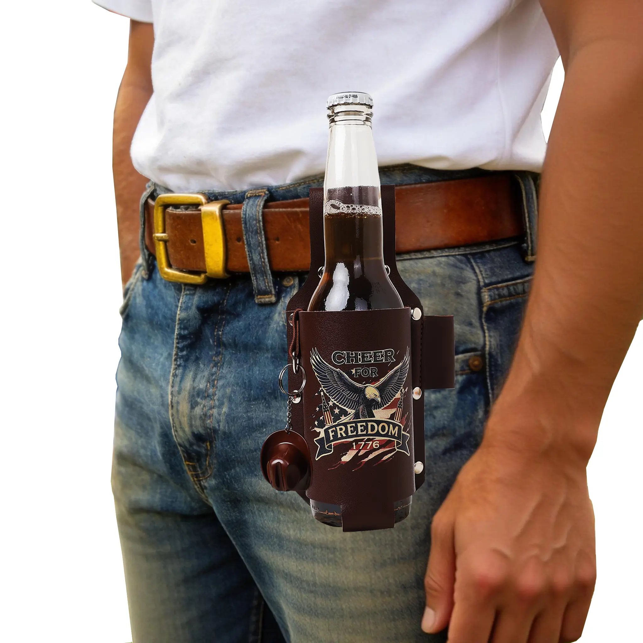 Classic Freedom 1776 Drink Holster Set (Brown) - American Eagle Leather Beverage Holder, Cowboy Hat Opener, Bottle-Cup Holders Drinkware Accessories - Fits 12oz Cans, 12-14oz Glass Bottles - Campfire/BBQ Party Independence Day Gift