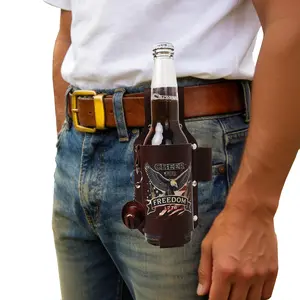 American Eagle Freedom Leather Drink Holster - Patriotic USA Beer Belt Holder with Cowboy Hat Opener - Fits 12oz Cans & 12-14oz Glass Bottles - Independence Day Gifting for BBQ & Tailgates