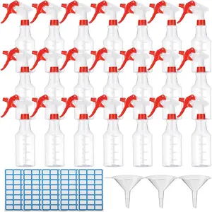 20 Pack 16oz Empty  Bottles, Leakproof Cleaning Bottles with Measurement and Adjustable Nozzle for Housekeeping, Commercial Use(Clear Cylinder,Red White  )