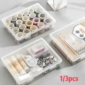 1/3 transparent plastic storage box with flip cover-durable desktop storage box, suitable for office and school supplies, file storage | transparent storage box | durable plastic storage box.