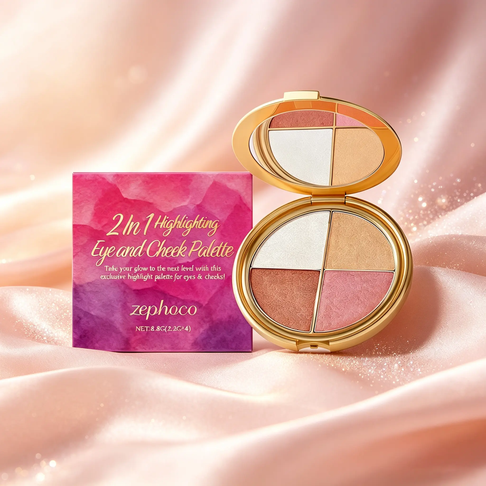 Zephoco 2-In-1 Eye & Cheek Highlighting Palette - 4-Shade Powder, Golden Round Compact with Built-In Mirror & Brush, Gentle Glossy Shimmer, Smooth Blendable Texture, Smooth Finish, All Skin Types, Beauty Product