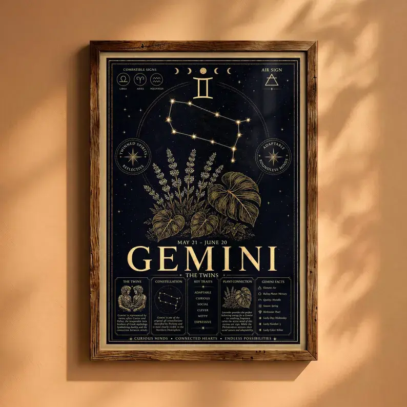 #1 Poster Gemini Zodiac Print – Astrology Horoscope Wall Art, May June Birthday Gift, Celestial Spring Constellation , Boho Bedroom Decor Dorm (unframed)