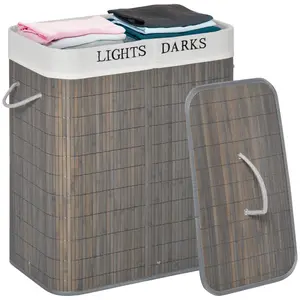 HOMCOM Laundry Hamper with Lid, Bamboo Foldable Laundry Basket 2 Section with 2 Removable Bags, 2 x 13.2 Gallons (50L), Gray