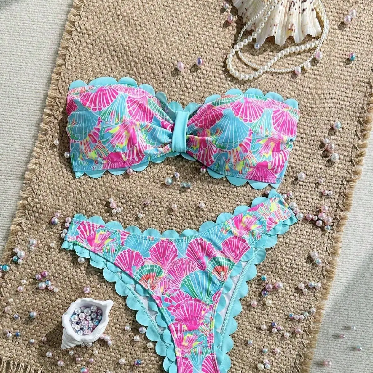 Shell print bikini set, lace strapless bandeau swimsuit, women's swimwear, strapless bandeau bikini