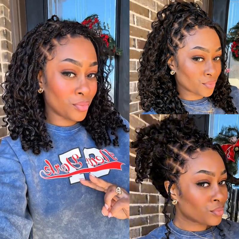 13x6 Boho Curls Braided Wigs Human Hair Pull Go Drawstring Cap HD Full Lace Frontal Wig Knotless Pre Cut Lace