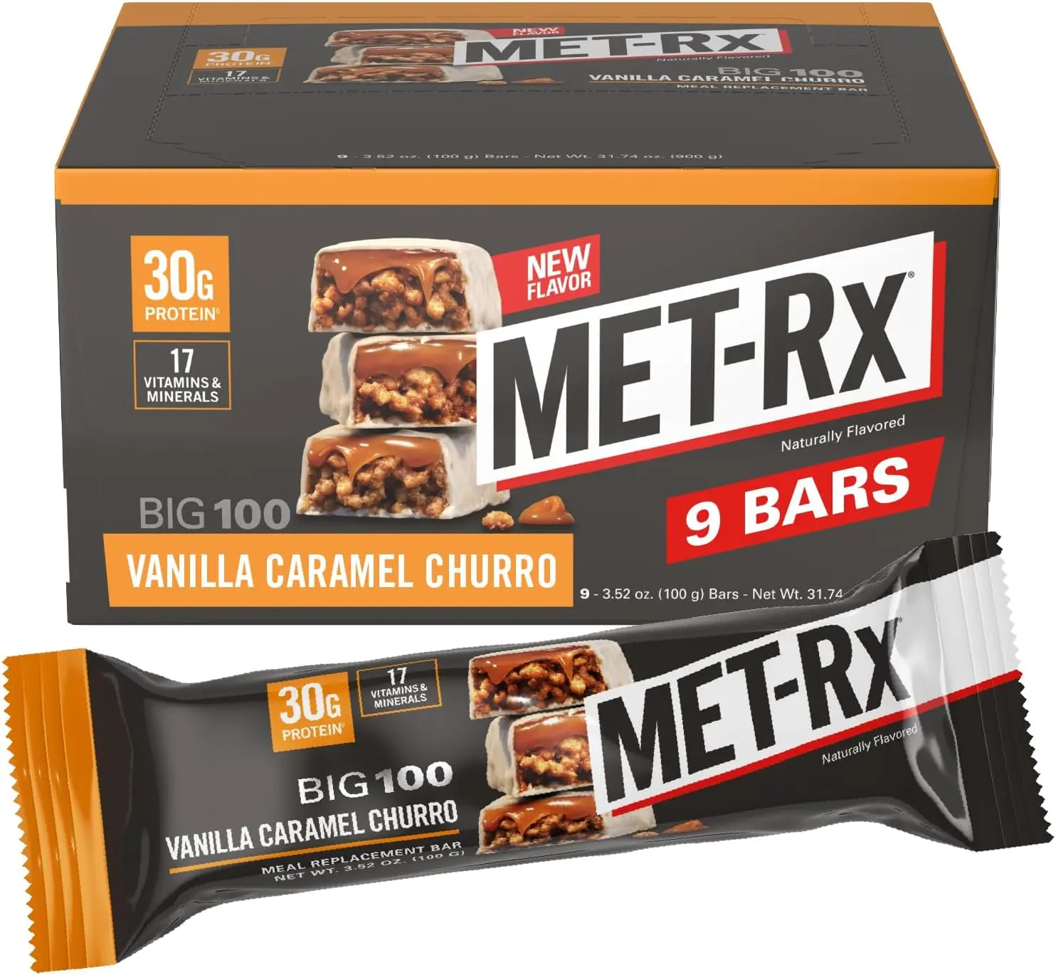 MET-Rx Big 100 Vanilla Caramel Churro – High Protein Bars (9 Bars)