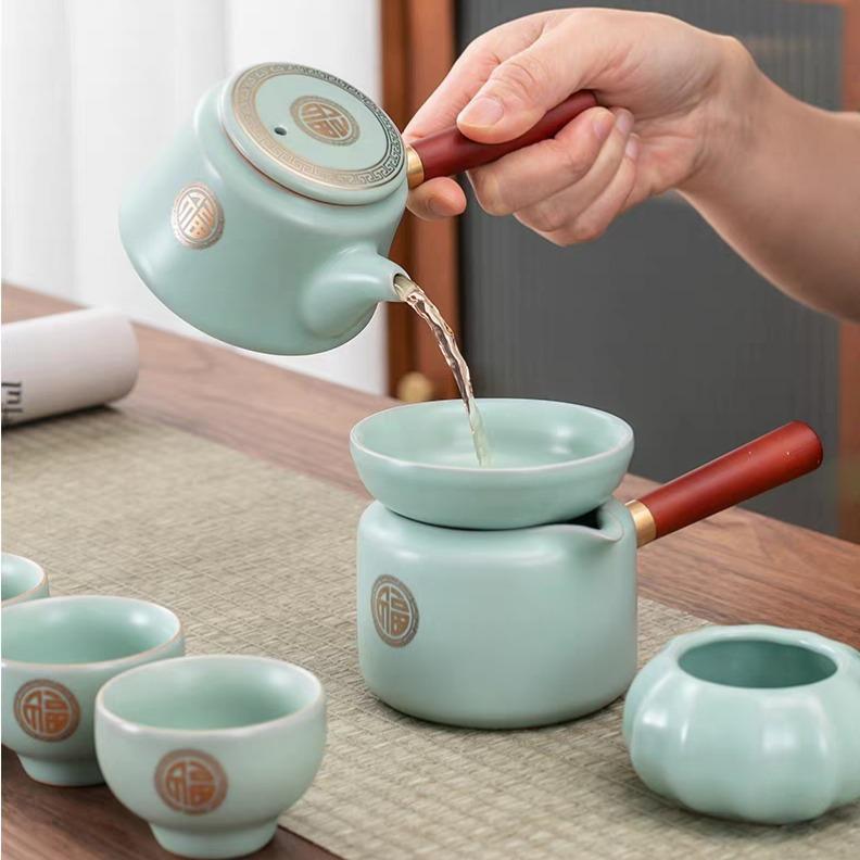 Golden Fortune Ru Kiln Tea Set 10pcs Elegant Ceramic Teapot & Cups in Blue Leather Case Perfect for Tea Enthusiasts